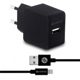 CHAMPION Laddare 12W + USB-A till Lightning Kabel Svart