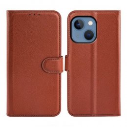 iphone 14 plus plånboksfodral med stativ 3 kortfack 1 kontantfack av vegan material pu läder brun
