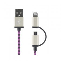 USB-synk-/laddarkabel 2 i 1 Lightning & Micro, tygklädd, MFi, 1m - Lila