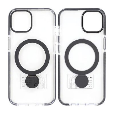 Skal Magsafe till iPhone 15 - Transparent svart med ringstativ