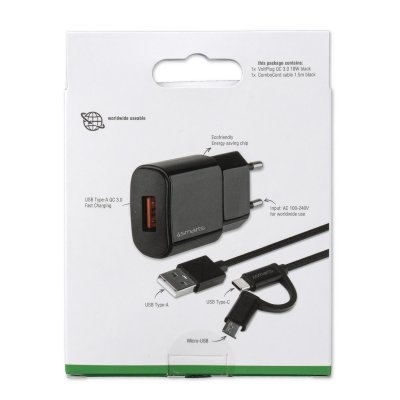 Snabb Väggladdare 18W med ComboCord Kabel - Svart