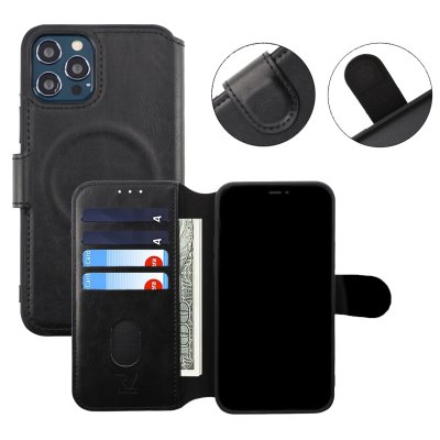 Rvelon iPhone 12 / 12 Pro TPU Läderfodral Ställ Minificka - Svart