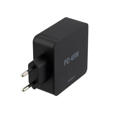 DELTACO 53W USB-C Nätadapter, QC 3.0, USB-C PD 45W, USB-A 5V 12W - Svart