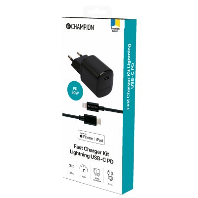 Champion Fast Charge 20W PD/USB-C - Lightning Kit - Svart