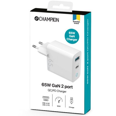 Champion 65W GaN 2 Port PD Laddare - Vit