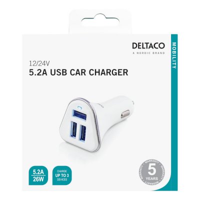 Deltaco Billaddare 5.2 A 26 W 3 x USB Type-A 12-24V DC in - Vit/Silver