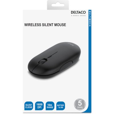 Deltaco Trådlös platt tyst mus 1600 DPI USB mottagare 4 knappar mörkgrå