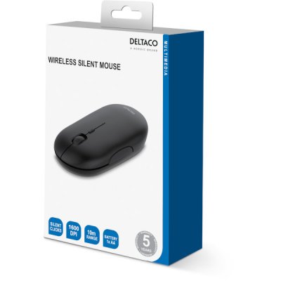 Deltaco Trådlös platt tyst mus 1600 DPI USB mottagare 4 knappar mörkgrå