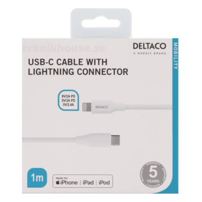 Deltaco USB-C till Lightning kabel, MFI, 1m - Vit