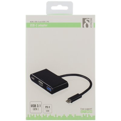 DELTACO USB-C till VGA och USB Typ A adapter, USB-C ho för laddning, 60W, 1080P, 5Gb/s, svart