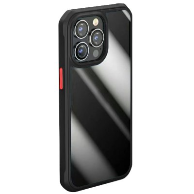 Ett svartrött skal till iPhone 13 Pro. Stötdämpande med luftfickor. Svart och rött i färgen.