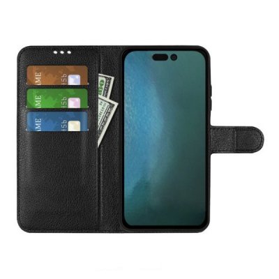 iphone 14 plånboksfodral med 3 st kortfack och sidofack flip stand pu läder svart