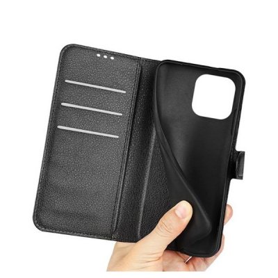 iphone 14 plånboksfodral med 3 st kortfack och sidofack flip stand pu läder svart