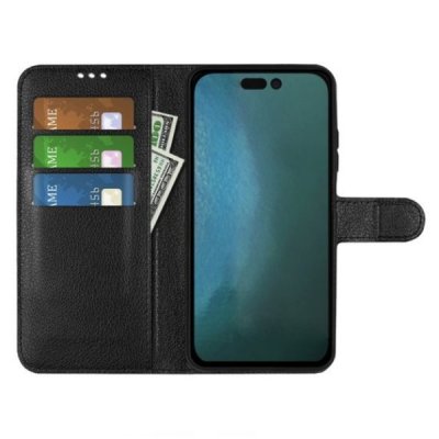 iphone 14 plus plånboksfodral med 3 st kortfack och sidofack flip stand pu läder svart
