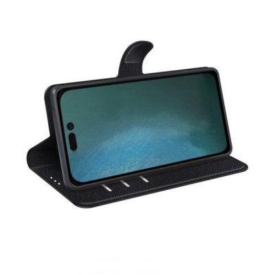 iphone 14 plus plånboksfodral med stativ flip stand 3 kortfack 1 kontaktfack av vegan pu läder magnet lås svart