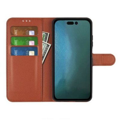 iphone 14 pro max plånboksfodral med stativ 3 kortfack 1 kontantfack pu läder brun
