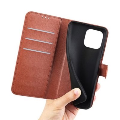 iphone 14 pro max plånboksfodral med stativ 3 kortfack 1 kontantfack pu läder brun