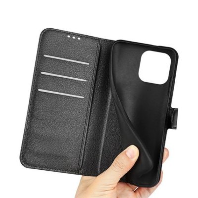 iphone 14 pro plånboksfodral med stativ 3 kortfack 1 kontantfack pu läder svart