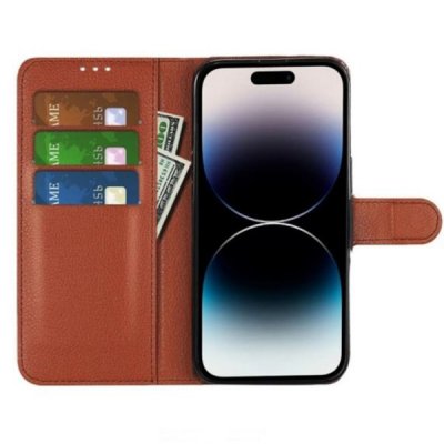 iphone 15 pro flip stand plånboksfodral med stativ kortfack brun