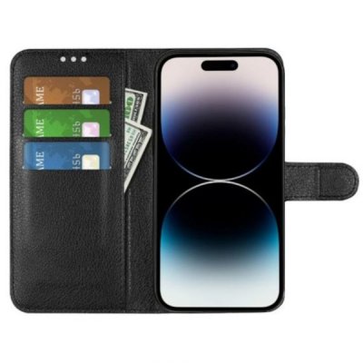 iphone 15 pro flip stand plånboksfodral med stativ kortfack svart