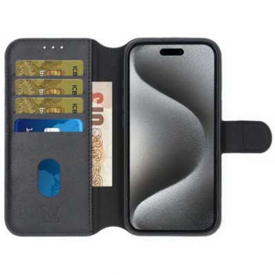 iPhone 16 Plånboksfodral Äkta Läder Rvelon Svart