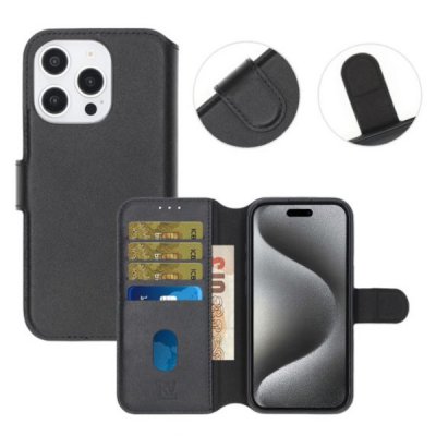 iPhone 16 Pro Max Plånboksfodral Äkta Läder Rvelon Svart