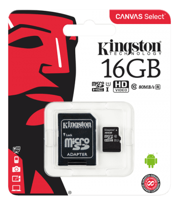 Kingston microSDHC-kort, 16GB, Klass 10 UHS-I, inkl. SD-korts adapter, svart