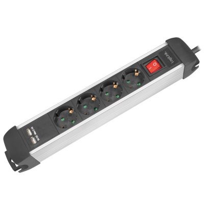 Logilink Grenuttag 4 väg 2xUSB Brytare 1.5m monterbar