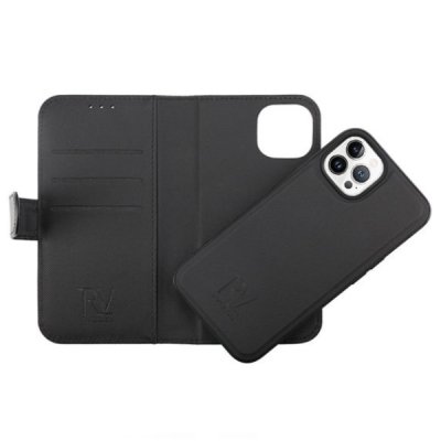 rv iphone 14 pro plånboksfodral med flipstand 3 kortfack 1 kontantfack magnet lås vegan material svart