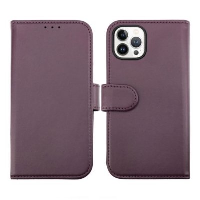 rv iphone-14 pro plånboksodral med flipstand 3 kortfack 1 kontantfack magnet lås vegan material lila