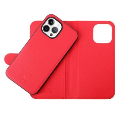 rv iphone 14 pro plånboksodral med flipstand 3 kortfack 1 kontantfack magnet lås vegan material röd