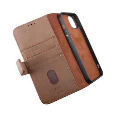 rvelon iphone 14 plånboksfodral i genuint äkta läder med magnet 3 kortfack 1 kontantfack brun