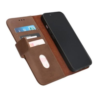 rvelon iphone 14 plånboksfodral i genuint äkta läder med magnet 3 kortfack 1 kontantfack brun