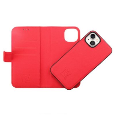 rvelon iphone 14 plus läder plånboksfodral 3 kortfack 1 kontantfack magnetlås röd