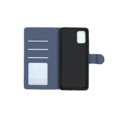 samsung galaxy a51 läder plånboksfodral med flipstand 3st kortfack 1st id fönster blå