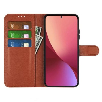 samsung galaxy s23 plånboksfodral flipstand wallet case med stativ kortfack och sidofack brun