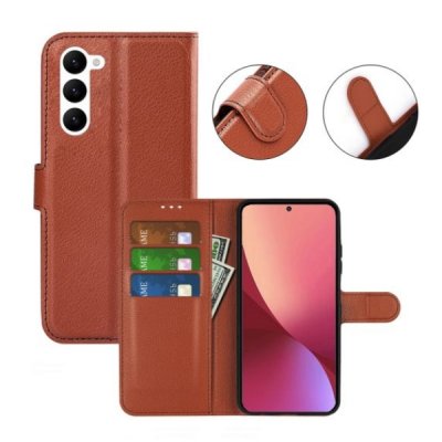 samsung galaxy s23 plånboksfodral flipstand wallet case med stativ kortfack och sidofack brun
