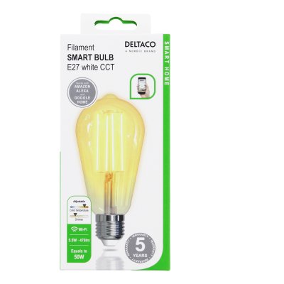 Deltaco Smart Home Spiral LED-filamentlampa, E27, WiFI 2,4GHz, 5.5W, 470lm, dimbar, 1800K-6500K, 220-240V. 