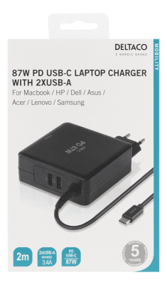 DELTACO 87W USB-C Laptopladdare, 2x USB-A, PD 2.0 - Svart