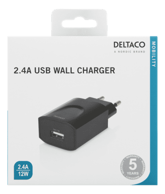 DELTACO väggladdare, 100-240 V, 5 V, 12W - Svart