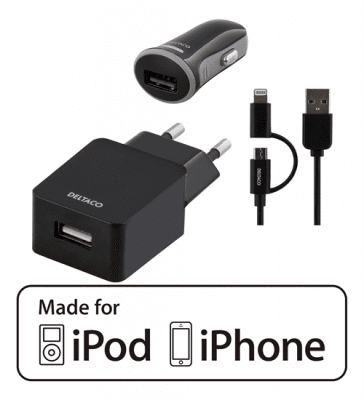 USB laddkit, billaddare, väggladdare och USB-synk-/laddarkabel