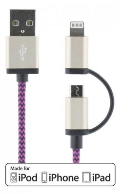 USB-synk-/laddarkabel 2 i 1 Lightning & Micro, tygklädd, MFi, 1m - Lila