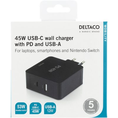DELTACO 53W USB-C Nätadapter, QC 3.0, USB-C PD 45W, USB-A 5V 12W - Svart